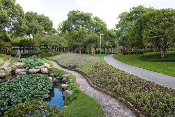 The urban park landscape with lush greenery with dense trees. A winding path leads through manicured flower beds and a pond filled with water lilies. An open, inviting environment in a public space.