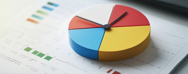Colorful pie chart with clock design on business report, symbolizing time management and data analysis in a professional setting.