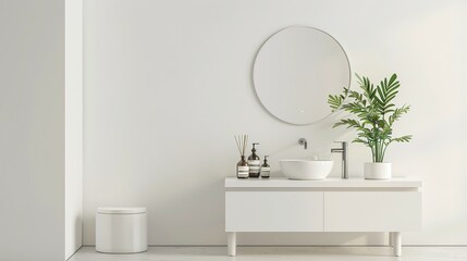 Minimalistic Bathroom Vanity with Sink, Mirror, and Toiletries on a Light Background - 3D Rendering