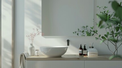 Contemporary Bathroom Vanity with Mirror and Sink in a Minimalistic Interior - 3D Rendered