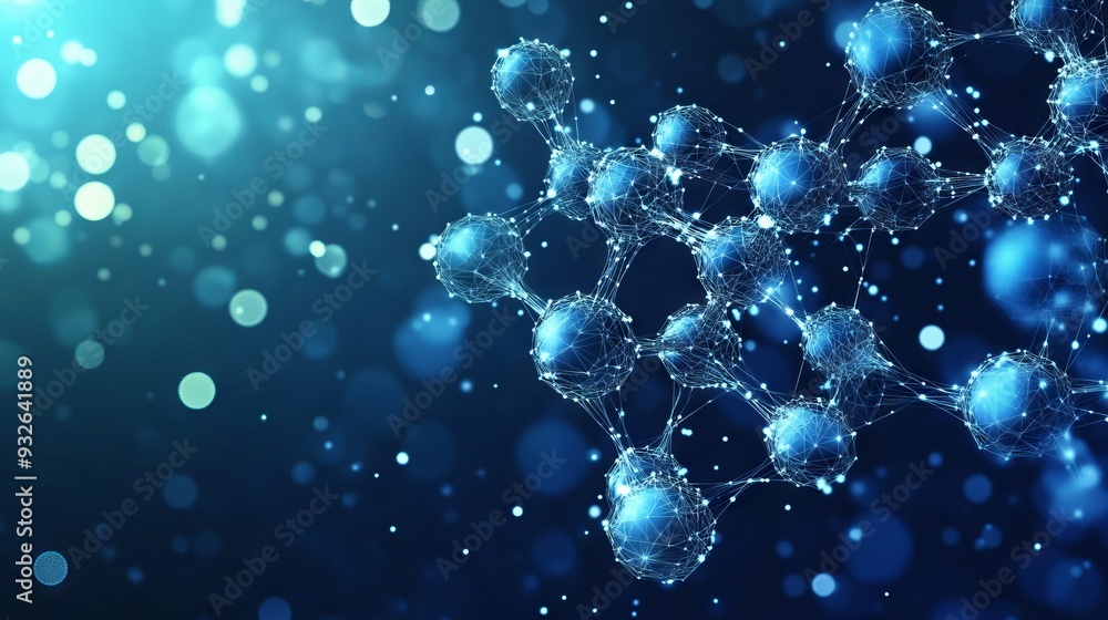 Poster an abstract model of molecule low poly wireframe on a blue background. science and medical concept w