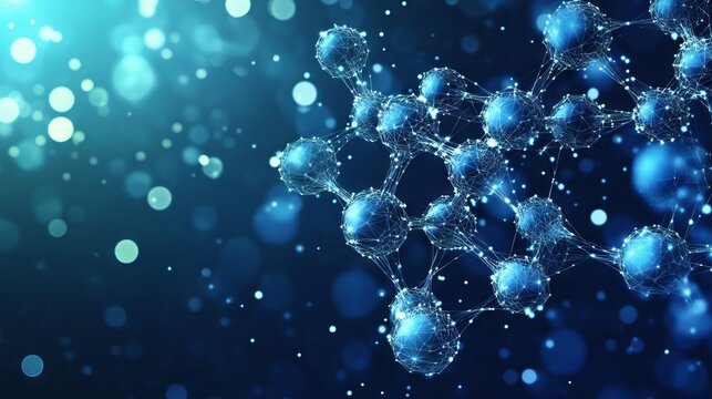 An abstract model of molecule low poly wireframe on a blue background. Science and medical concept with connected dots. Starry sky low poly wireframe digital vector illustration on white background