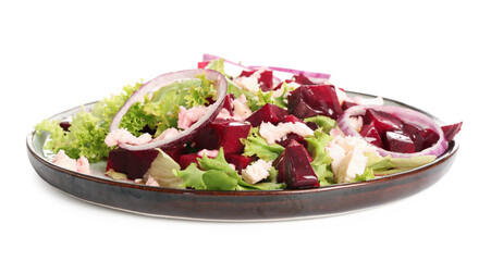 Plate of fresh salad with beet and slices of red onion on white background