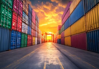 Fototapeta premium Colorful cargo containers stacked in a container terminal and working loading dock trucks at sunset, depicting a business logistics