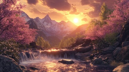 Fototapeta premium Majestic Mountain Sunset with a Serene Waterfall