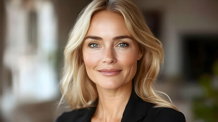A portrait of a smiling woman with blonde hair in a professional setting.