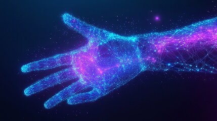 Obraz premium Arm is touching gearing. Abstract 3d blue and purple illustration with connected dots. Vector color mesh