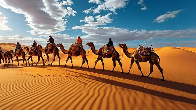 Camel caravan on a sand mound in the desert