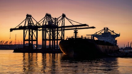 Fototapeta premium Beautiful silhouette of port machinery during sunset
