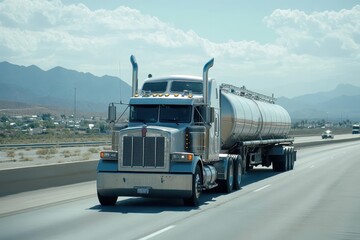 Fototapeta premium New truck hauling tank trailer on highway