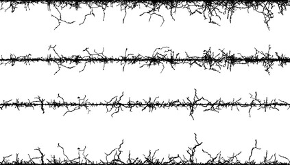 grass silhouettes set, barbed wire seamless pattern, barbed wire fabric frame, a series of black and white lines with branches, barbed wire seamless pattern,