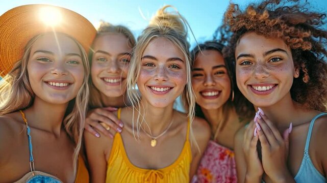 Young buddies in college are shown in the bottom view, standing in a circle and facing the camera. smiling image of a varied group of millennials having a good time together,