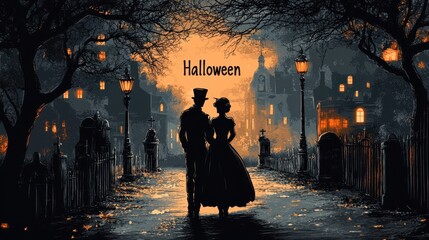 Fototapeta premium A Victorian-era couple in a dark, eerie graveyard, crayon drawing 