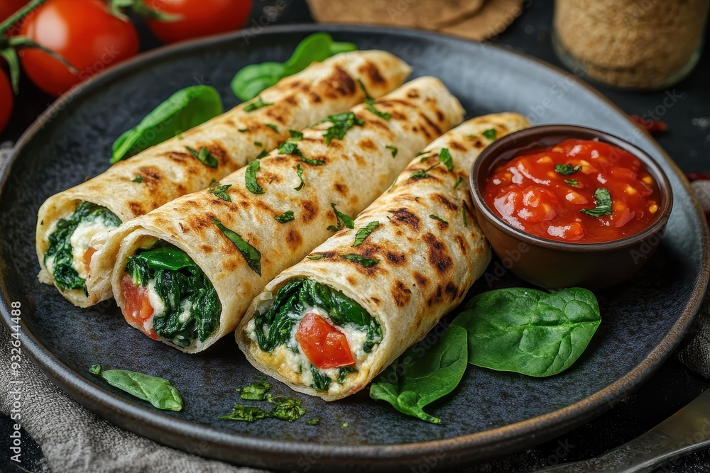 Poster Nutritious vegan breakfast of pita rolls with spinach cheese and tomatoes on a plate with ketchup