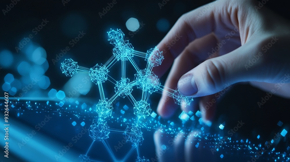 Poster closeup abstract young scientist touching on the visualization of a molecule model on a pc tablet. p