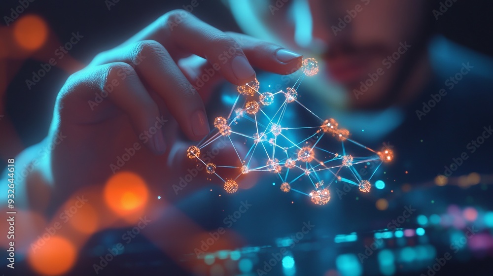 Poster closeup abstract young scientist touching on the visualization of a molecule model on a pc tablet. p