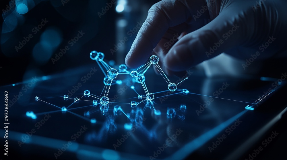 Poster closeup abstract young scientist touching on the visualization of a molecule model on a pc tablet. p
