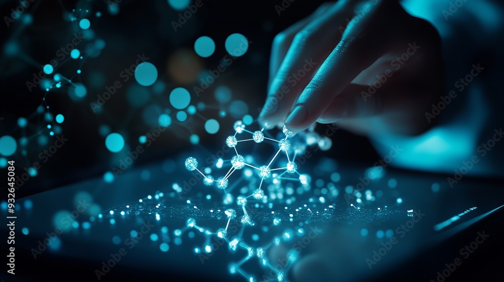 Poster closeup abstract young scientist touching on the visualization of a molecule model on a pc tablet. p