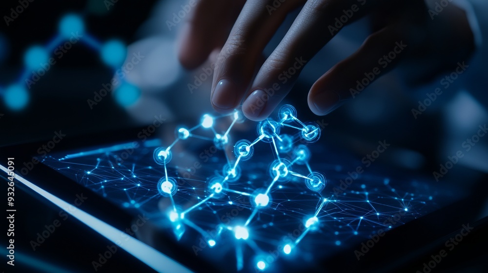 Poster closeup abstract young scientist touching on the visualization of a molecule model on a pc tablet. p