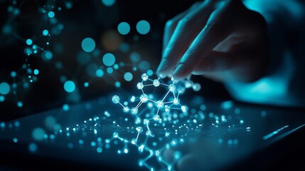 Closeup abstract young scientist touching on the visualization of a molecule model on a PC tablet. physic concept. Low poly wireframe vector illustration. Polygonal technology innovation in medicine