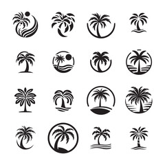 Elegant Palm Tree Icon Set - A Unique Collection of Minimalist Silhouettes for Logo Designs. Ideal for Tropical, Coastal, and Nature-Inspired Branding, Resort Marketing, and Vacation Themes.
