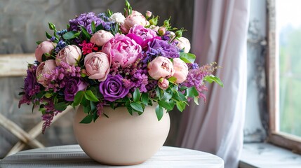 5. A charming bouquet of spring flowers in pink and purple, arranged in a round ceramic vase, featuring a blend of peonies and roses, perfect for gifting on Mother's Day, Valentine's Day, or Women's
