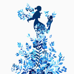 Mother and Child Silhouette with Blue Floral Design