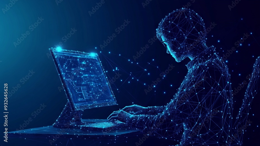 Poster computer technology low poly wireframe banner vector template. software development, freelance poste