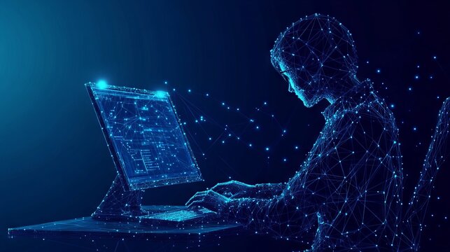 Computer technology low poly wireframe banner vector template. Software development, freelance poster polygonal design with text space. A person working with desktop PC 3d mesh art with connected dots