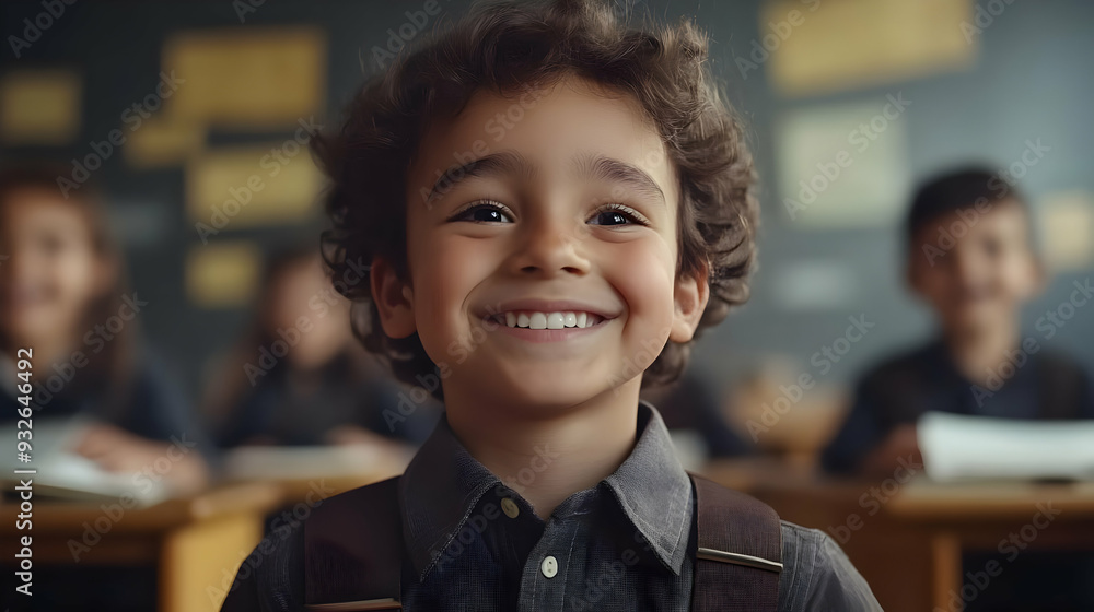 Poster a smiling boy in a classroom, surrounded by classmates.