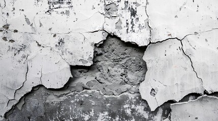 Obraz premium 1. A cracked concrete wall with a mix of white, black, and grey tones, showcasing a prominent hole in the center, set against a textured background