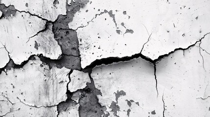Obraz premium 4. A concrete wall with an intricate pattern of cracks and a prominent hole, displaying a textured background in white, black, and grey hues
