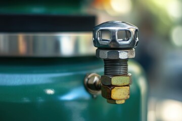 Secure metal valve on green cooking gas tank for safety while using gas