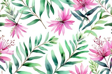 abstract neon Watercolor light green eucaliptus branches, leaves and pink wildflowers