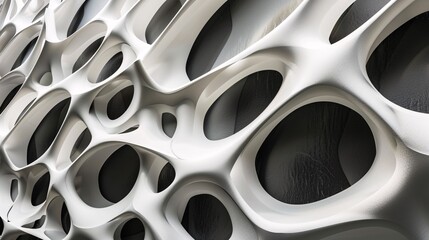 2. A sleek and modern metal wall with a 3D abstract design, showcasing a blend of white, black, and gray tones, ideal for contemporary architecture