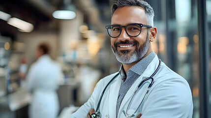 Obraz premium A smiling doctor in a clinical setting with a stethoscope.