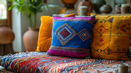 Colorful Pillows on a Bed with Geometric Patterns - Illustration