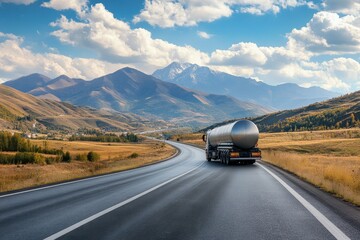 Silver fuel truck transports on beautiful road