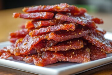 Sliced pork jerky displayed on white plate