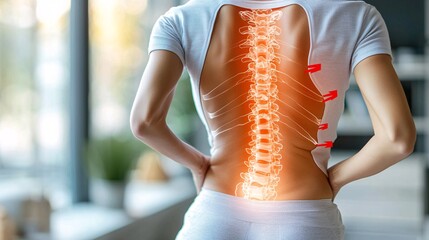 A stylized figure holding their back, with red arrows pointing to the lumbar region to signify pain.