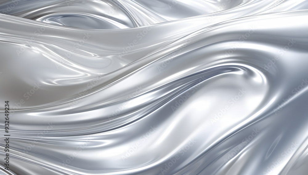 Poster satin silver wave texture: abstract liquid metallic design with flowing waves on a smooth satin back