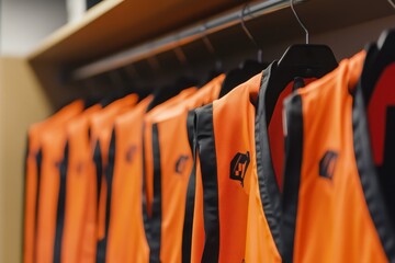 Soccer vests hung in locker room