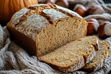 Sourdough loaf with pumpkin mash chestnuts in background