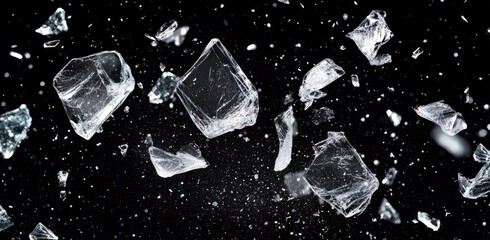 Shards of broken glass flying in the air against a black background,