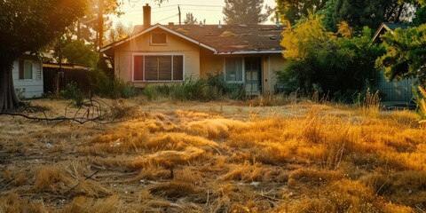 Neglected front yard with dead lawn