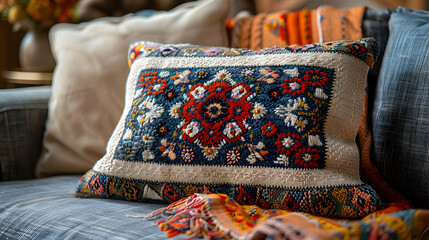 Colorful Embroidered Pillow on a Blue Couch