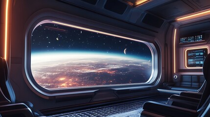 A view from the window of a spaceship, looking out at a planet and stars. The interior of the spaceship is futuristic and sleek, with comfortable seats and modern technology.