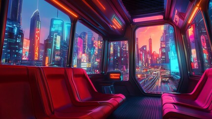 Inside a futuristic train looking out at a colorful cityscape.