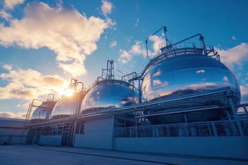 Spherical hydrogen storage tanks at gas production plant under blue sky Industrial BPVC equipment for hydrogen technologies in petrochemical chemistry plant