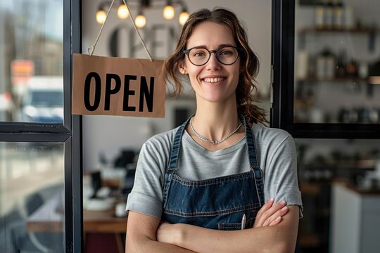 A woman stands in front of a sign that says "open"